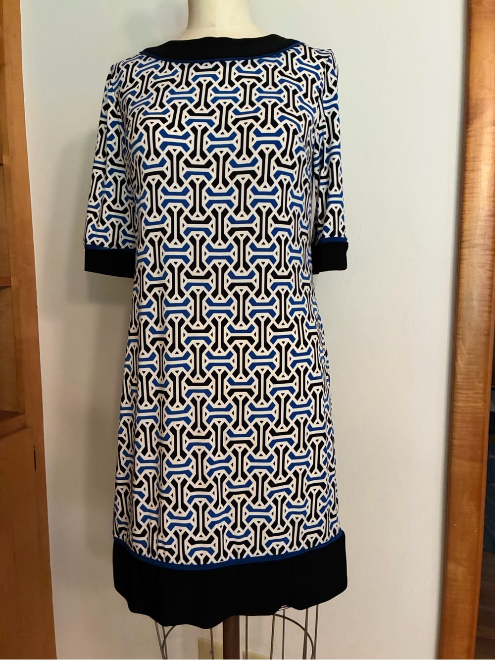 R&K Blue Black & White Geometric Midi Sheath Dress Bohemian